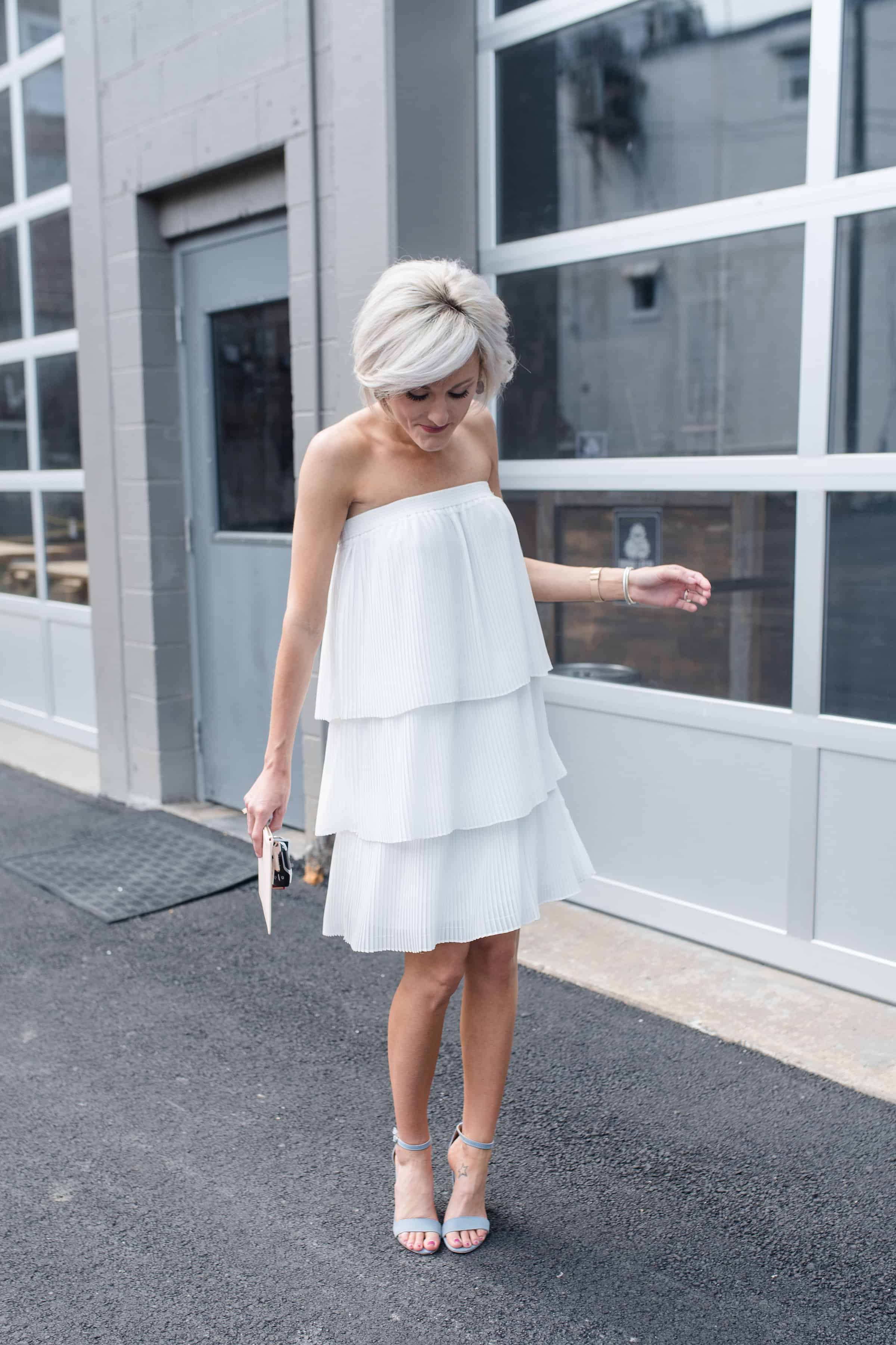 white dress grey heels Grey and White Scalloped Dress Outfit