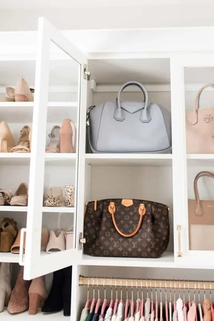 california closets custom walk in glass cabinet with givenchy and louis vuitton handbag storage