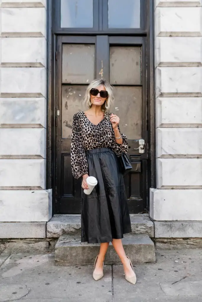 Leopard top and black Leather Midi Skirt for Work
